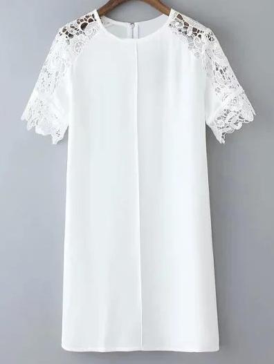Romwe White Shoulder Lace Zipper Back Short Sleeve Shift Dress