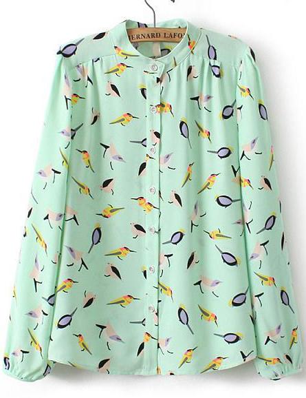 Romwe Birds Print Chiffon Green Blouse
