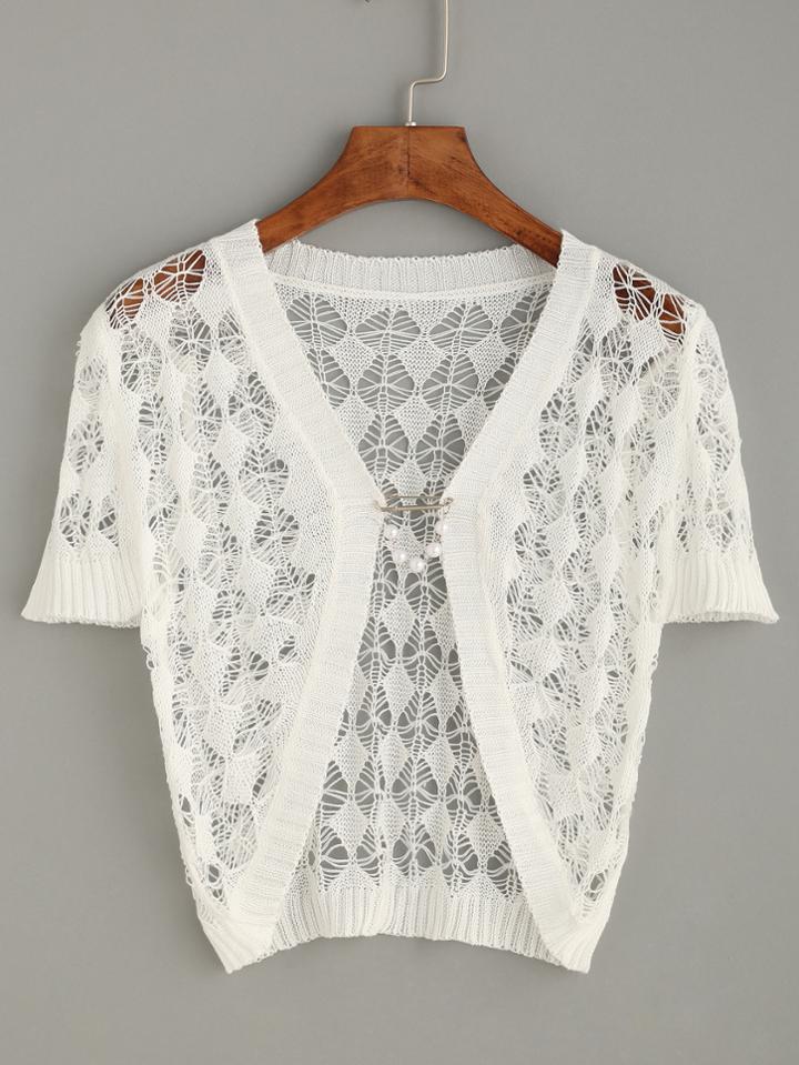 Romwe Beige Short Sleeve Hollow Out Sweater Cardigan