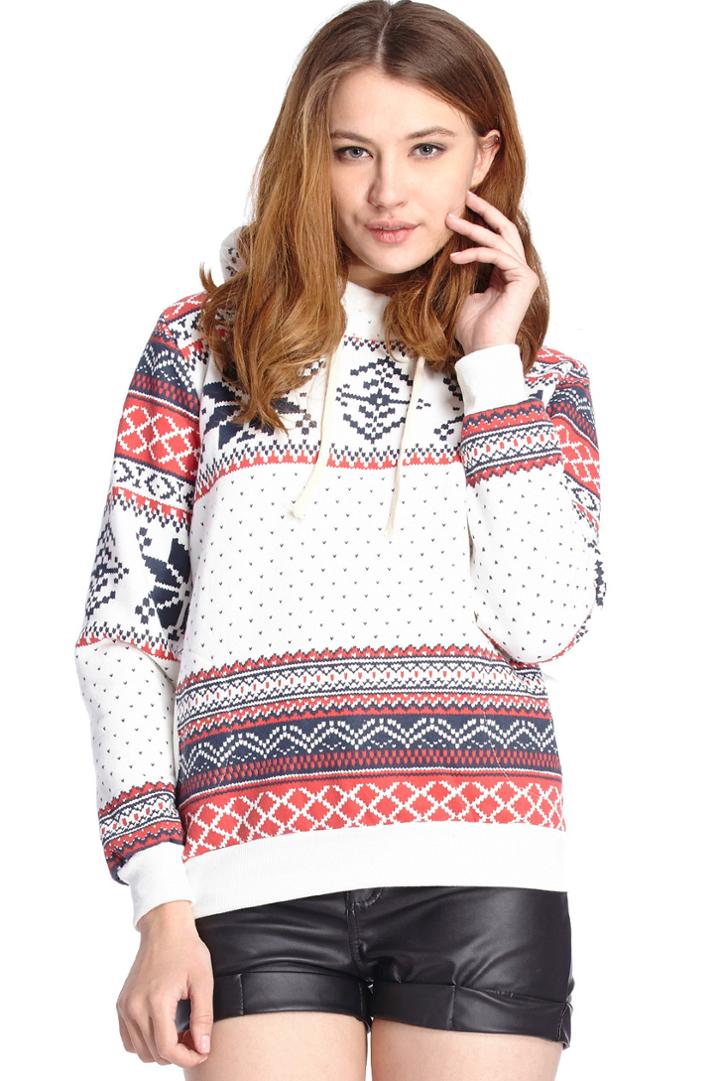 Romwe Romwe Snowflakes Print Drawstring Hooded White Sweatshirt