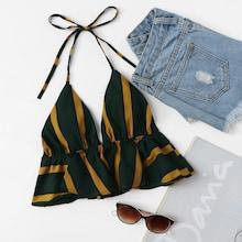 Romwe Striped Ruffle Hem Open Back Halter Top