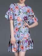 Romwe Blue Bell Sleeve Floral Frill Dress