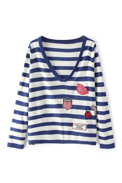 Romwe Striped V Neck Blue Jumper