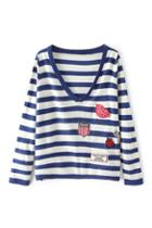Romwe Striped V Neck Blue Jumper