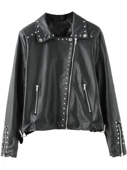 Romwe Lapel Rivets Zipper Buckle Jacket