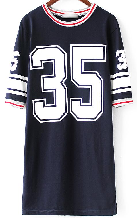 Romwe Letter Print Navy T-shirt
