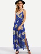 Romwe Buttoned Front Flower Print Slit Cami Dress - Blue