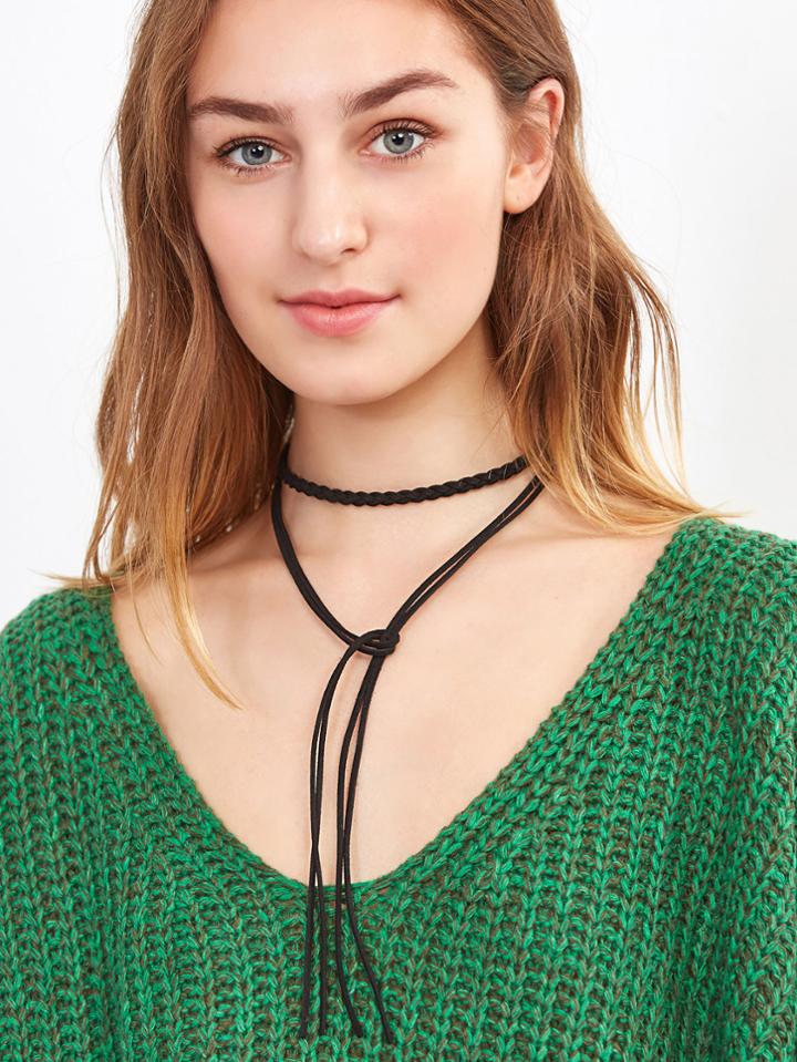 Romwe Black Double Strand Braided Wrap Choker Necklace