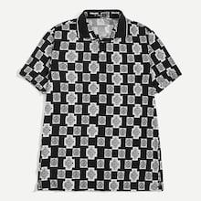 Romwe Guys Allover Flower Print Striped Collar Polo Shirt