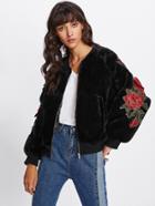 Romwe Flower Appliques Bomber Jacket
