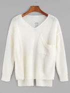 Romwe Beige V Neck High Low Hollow Back Pocket Sweater