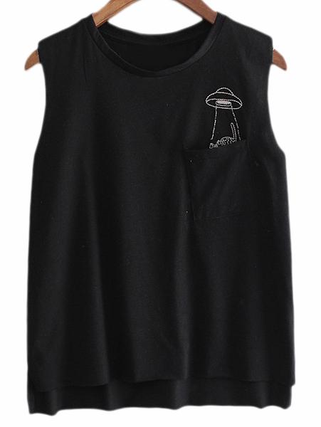 Romwe Black Pocket Kitty Embroidery Sleeveless T-shirt