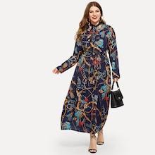 Romwe Plus Chain Print Self-tie Waist Dress