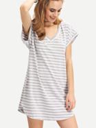 Romwe White Grey Stripe V Neck T-shirt