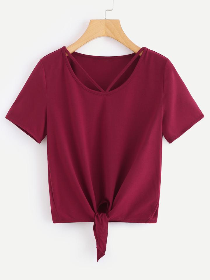 Romwe V Strap Neck Knot T-shirt