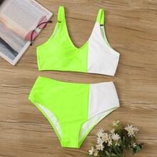 Romwe Neon Lime Cut-out Top With High Waist Bikini Set