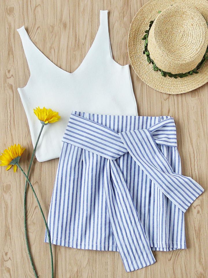 Romwe Striped Self Tie Front Skirt