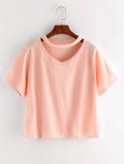 Romwe Pink Choker V Neck T-shirt