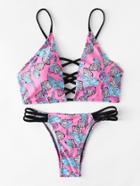 Romwe Palm Print Criss Cross Bikini Set