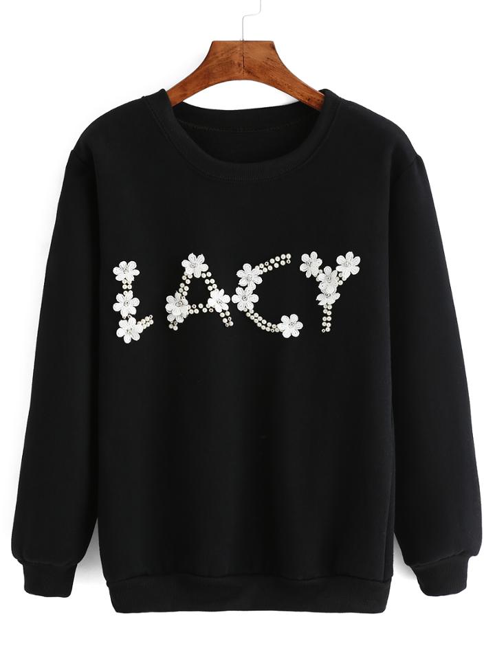 Romwe Crew Neck Beaded Appliques Black Sweatshirt