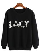 Romwe Crew Neck Beaded Appliques Black Sweatshirt