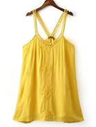 Romwe Yellow Spaghetti Strap Embroidery Dress