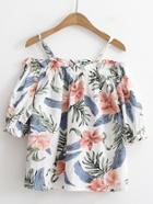 Romwe Cold Shoulder Flower Print Top