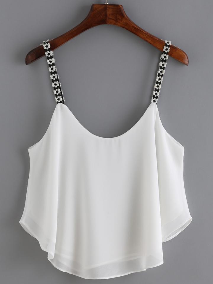 Romwe Spaghetti Strap Flower Embroidered Chiffon Cami Top