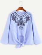 Romwe Vertical Striped Embroidered Knot Front Blouse