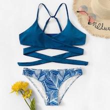 Romwe Plants Print Criss Cross Bikini Set