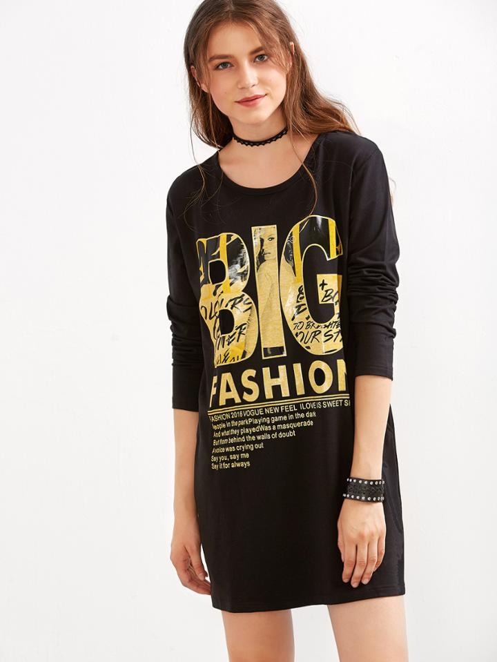 Romwe Black Letters Print T-shirt Dress