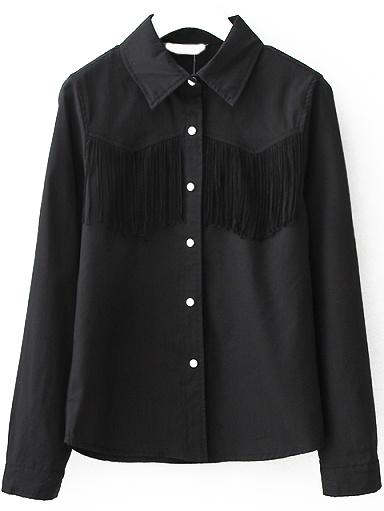Romwe Lapel Button-down Tassel Black Blouse