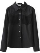 Romwe Lapel Button-down Tassel Black Blouse