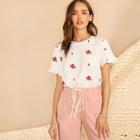 Romwe Embroidery Floral Ruffle Cuff Tee