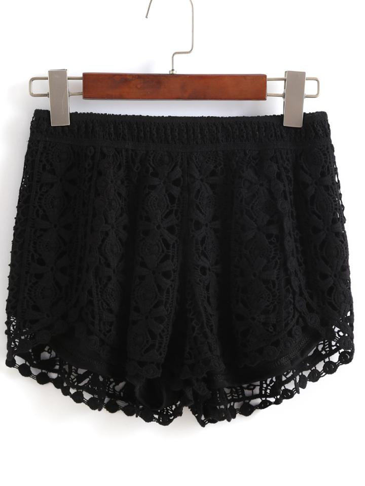 Romwe Elastic Waist Hollow Lace Black Shorts