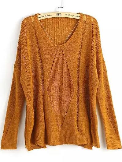 Romwe V Neck Side Split Hollow Yellow Sweater