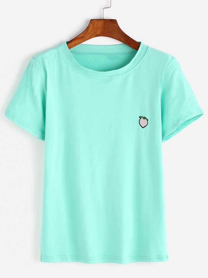 Romwe Green Peach Embroidered T-shirt
