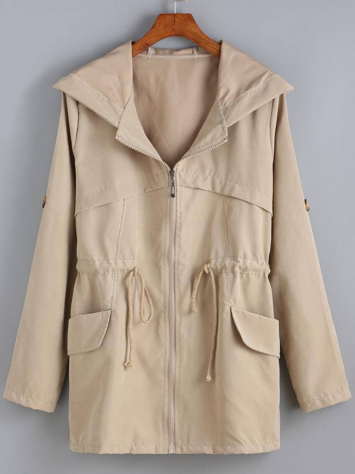 Romwe Hooded Drawstring Zipper Khaki Coat