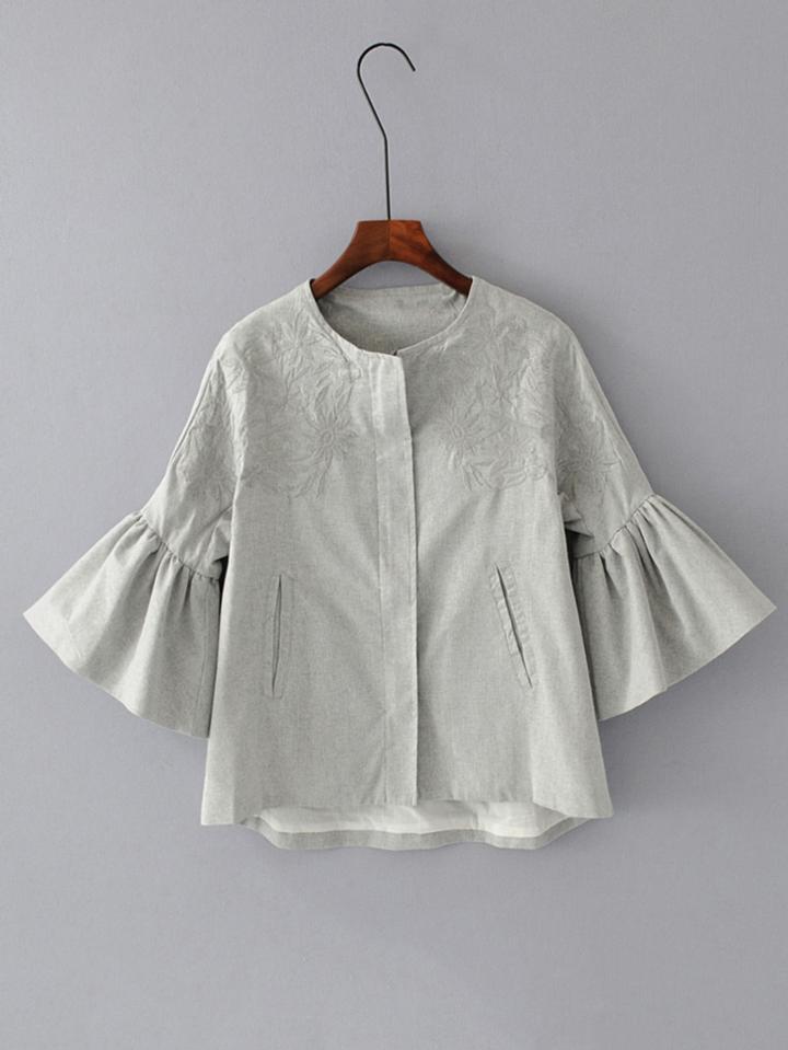 Romwe Embroidered Flower Fluted Sleeve Blazer