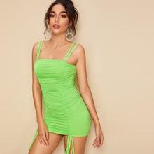 Romwe Neon Lime Drawstring Ruched Double Strap Cami Dress