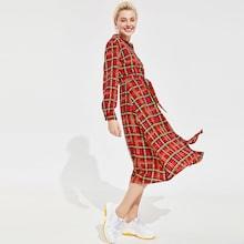 Romwe Chain Print Plaid Shirt Dress With Belt