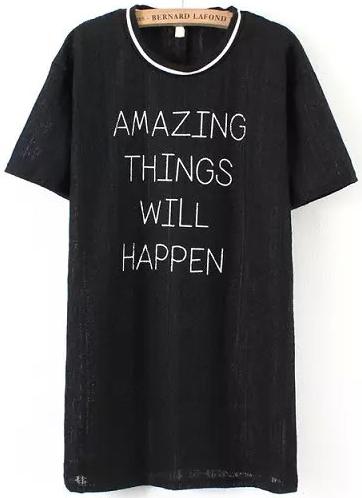 Romwe Letter Print Lace Black T-shirt