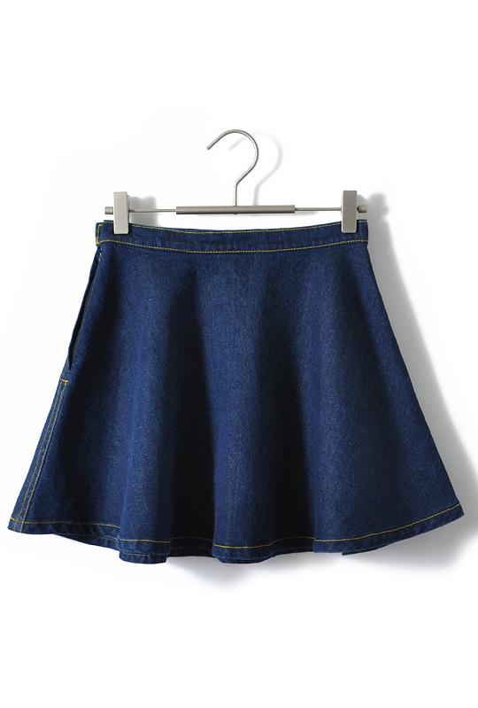 Romwe Pleated Flare Denim Navy Skirt