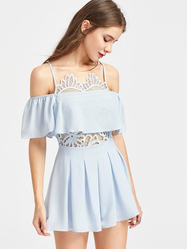 Romwe Cold Shoulder Lace Insert Frill Playsuit