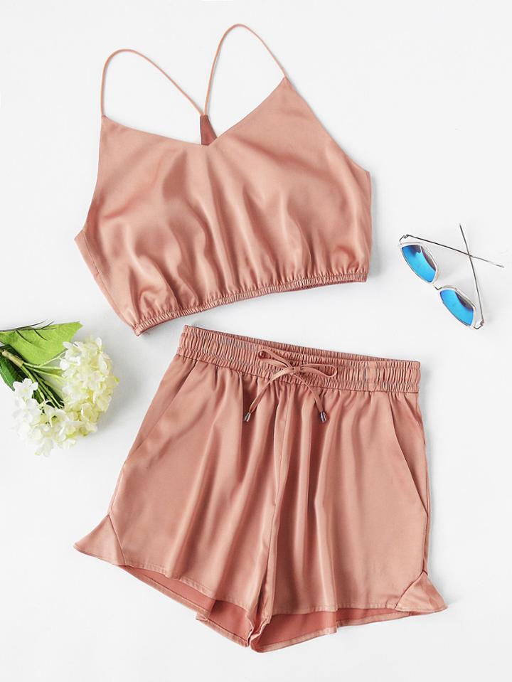 Romwe Y-back Elasticized Crop Cami And Shorts Set