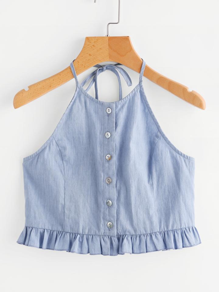 Romwe Button Placket Frilled Hem Chambray Halter Top