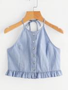 Romwe Button Placket Frilled Hem Chambray Halter Top