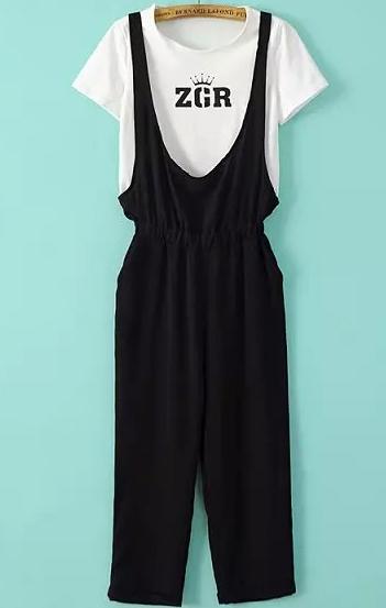 Romwe Letter Print Top With Straps Loose Pant