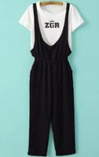 Romwe Letter Print Top With Straps Loose Pant