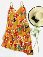Romwe Floral Print Asymmetric Hem Frill Cami Dress